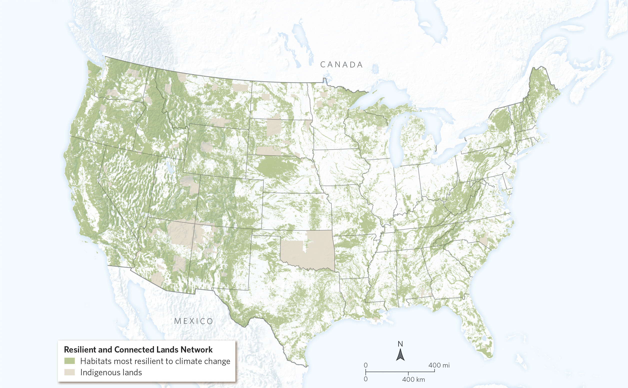 A map shows lands in the US that will be resilient in the face of climate change.